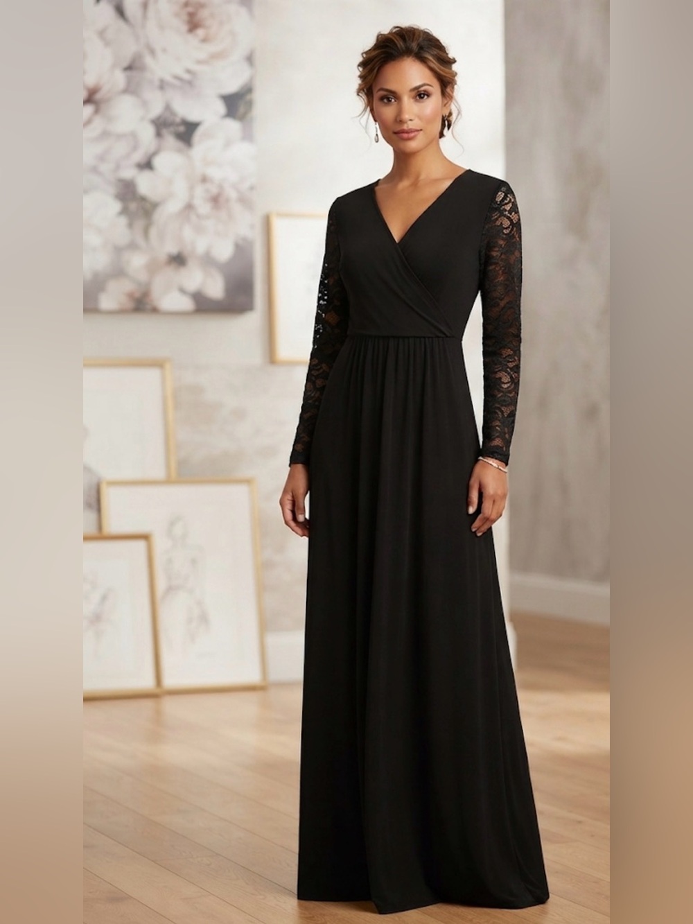NWT! BOUTIQUE Black Lace Long Sleeve Maxi Dress